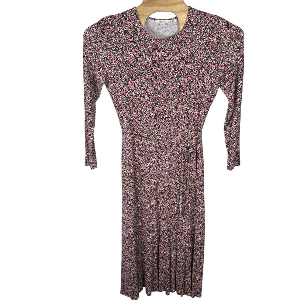Boden Jersey Midi Dress Womens Sz 10R Pink Floral Long Sleeve Tie Waist Pockets